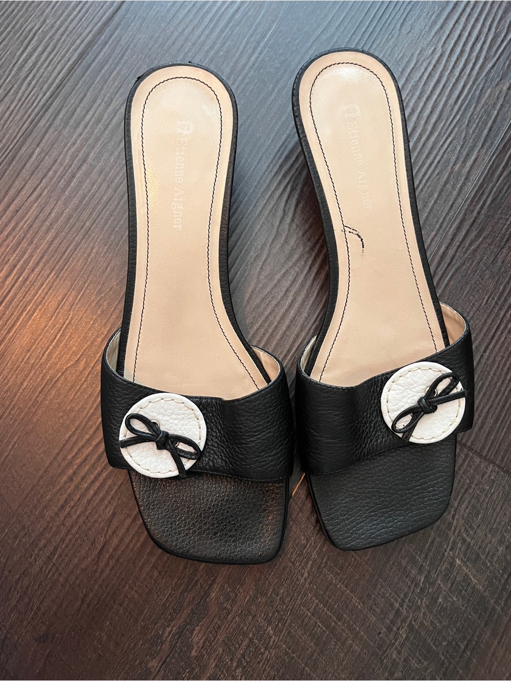 Etienne Aigner Black Slide Heels with White Accent